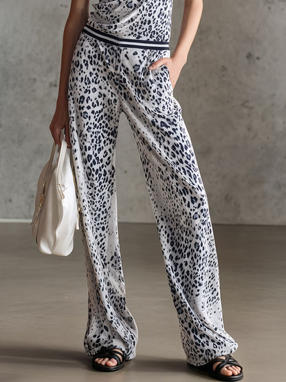 Casual Retro Short-Sleeve Leopard Print Gray Velvet Top And Pants Set