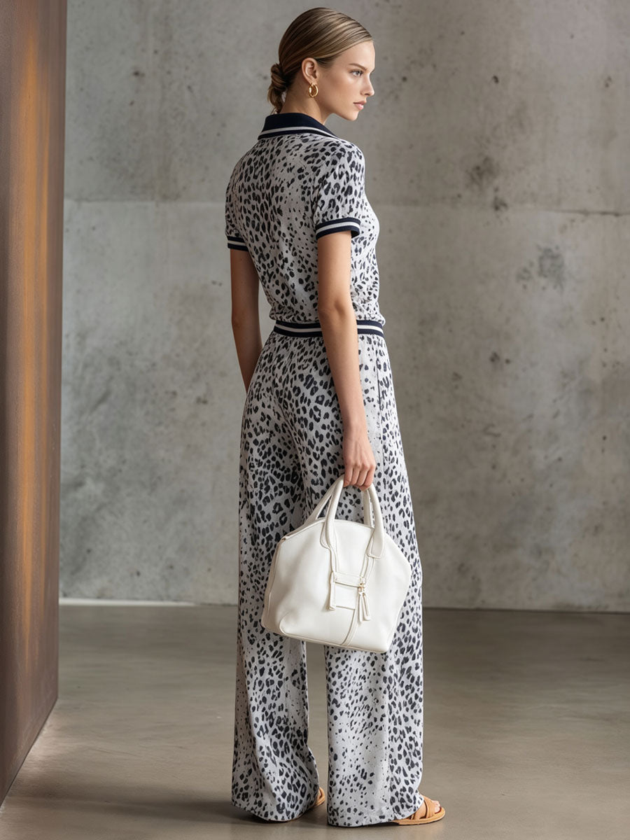 Casual Retro Short-Sleeve Leopard Print Gray Velvet Top And Pants Set