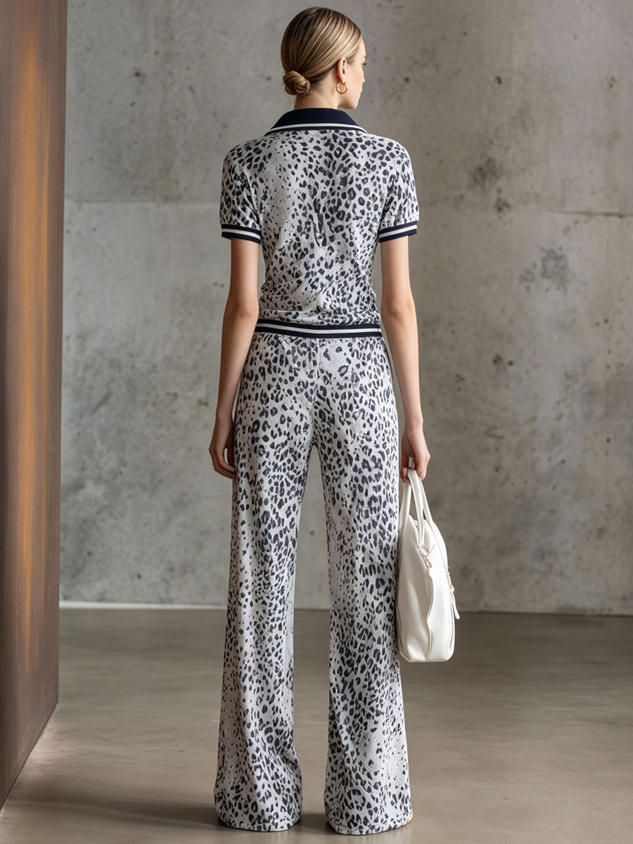 Casual Retro Short-Sleeve Leopard Print Gray Velvet Top And Pants Set