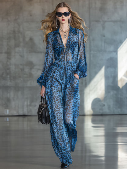 Elegant Retro Blue Leopard Print Chiffon Black Long-sleeved Jumpsuit