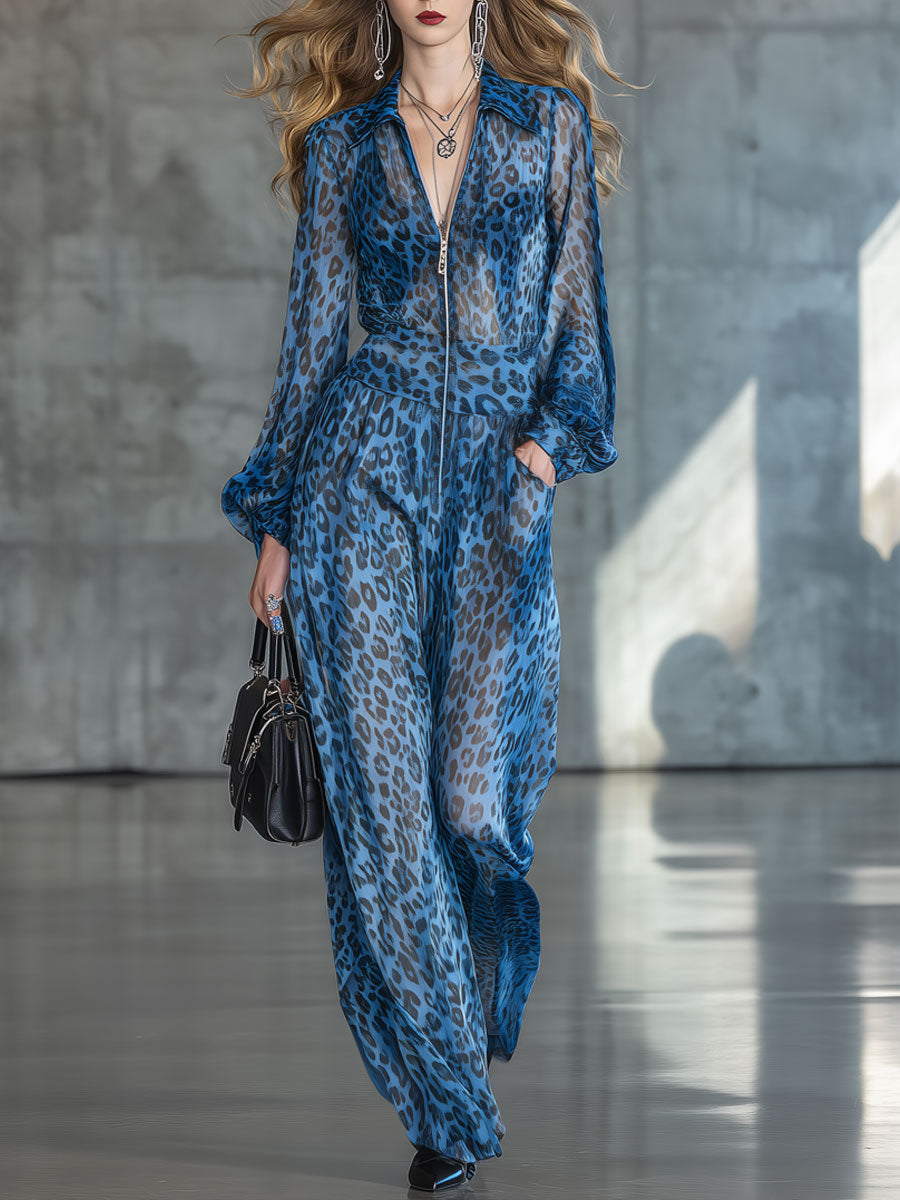 Elegant Retro Blue Leopard Print Chiffon Black Long-sleeved Jumpsuit