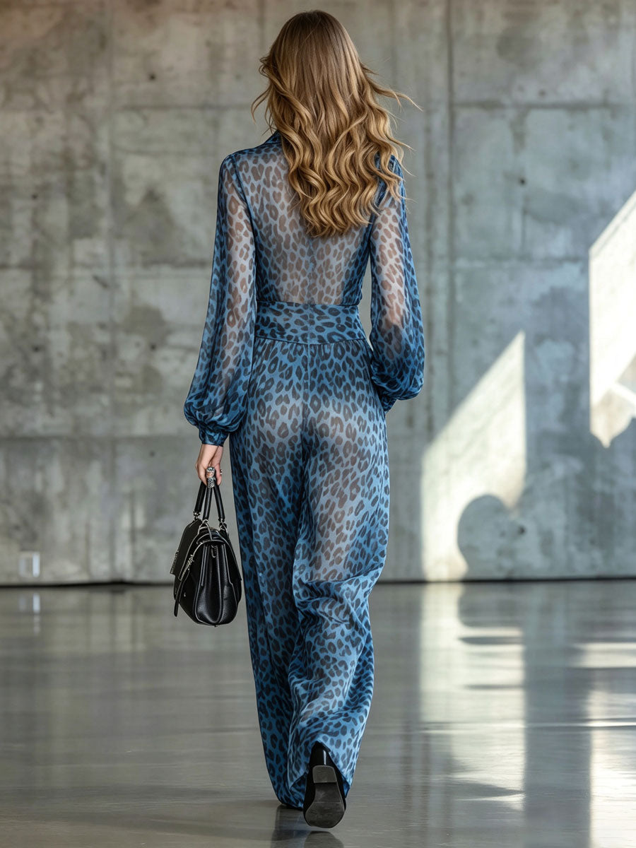 Elegant Retro Blue Leopard Print Chiffon Black Long-sleeved Jumpsuit