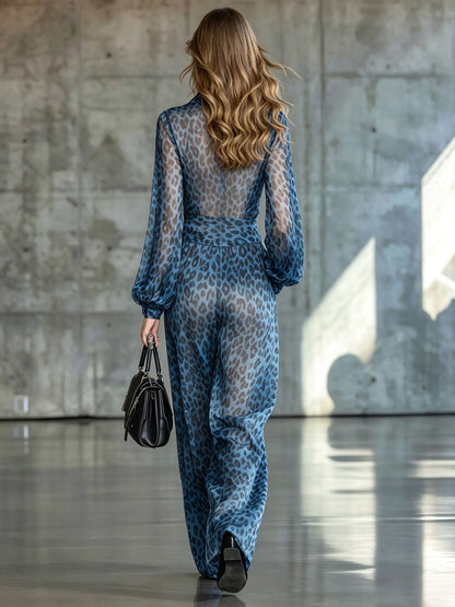 Elegant Retro Blue Leopard Print Chiffon Black Long-sleeved Jumpsuit