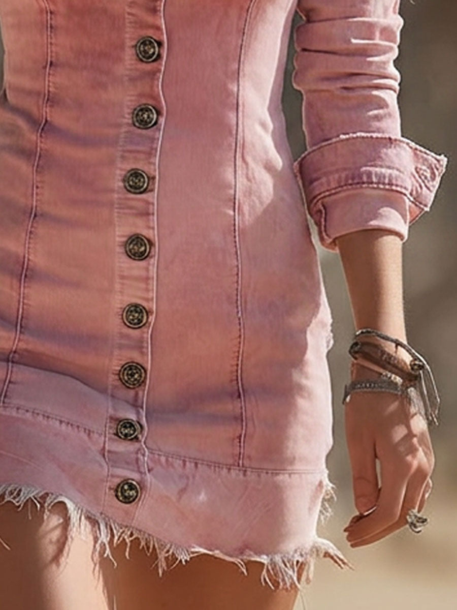 Retro Pink V-neck Button-down Long-sleeved Denim Mini Dress