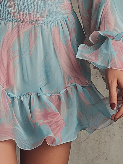 Elegant Retro Pink Feather Blue V-neck Ruffled Chiffon Mini Dress