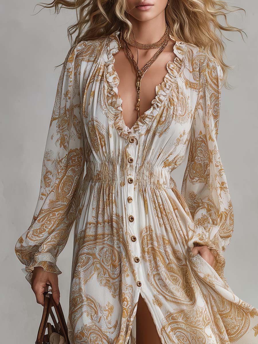 Boho Paisley Print Chiffon Button-Front Ruffle V-Neck Maxi Dress