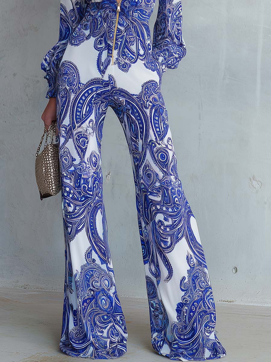Boho Royal Blue Paisley Print Chiffon Zip-Front Ruffle Wide-Leg Jumpsuit
