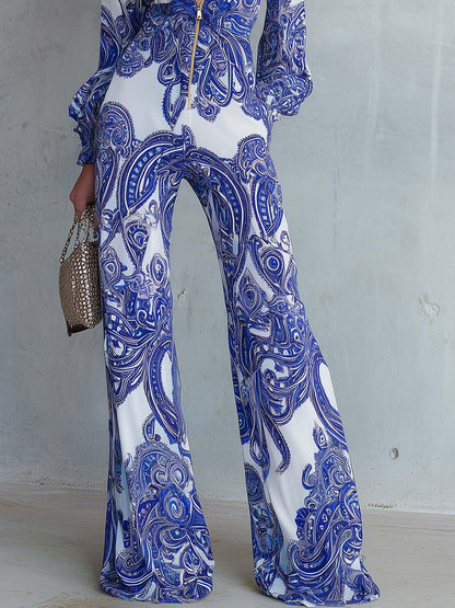 Boho Royal Blue Paisley Print Chiffon Zip-Front Ruffle Wide-Leg Jumpsuit