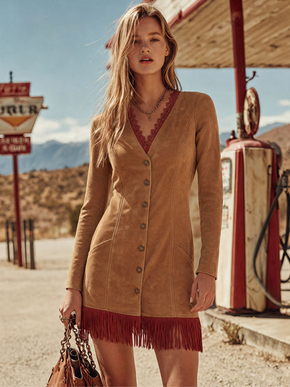 Western-style Vintage Lace Tassel Brown Single-breasted Faux Suede Mini Dress