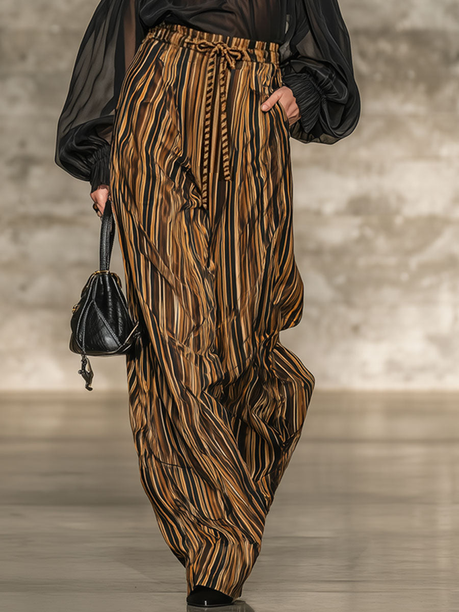 Elegant Retro Chiffon Black Long-sleeved Top And Striped Wide-leg Pants Set