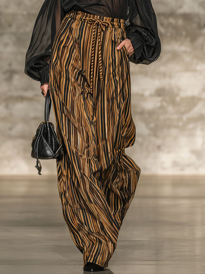Elegant Retro Chiffon Black Long-sleeved Top And Striped Wide-leg Pants Set