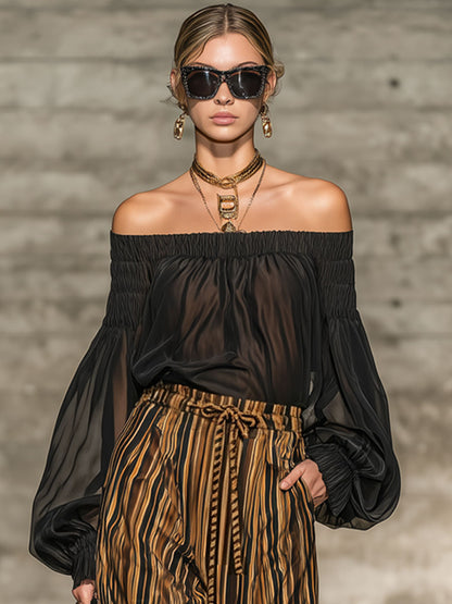 Elegant Retro Chiffon Black Long-sleeved Top And Striped Wide-leg Pants Set