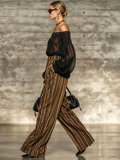Elegant Retro Chiffon Black Long-sleeved Top And Striped Wide-leg Pants Set
