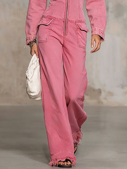 Casual Retro Pink Denim Long-Sleeved Frayed Jumpsuit