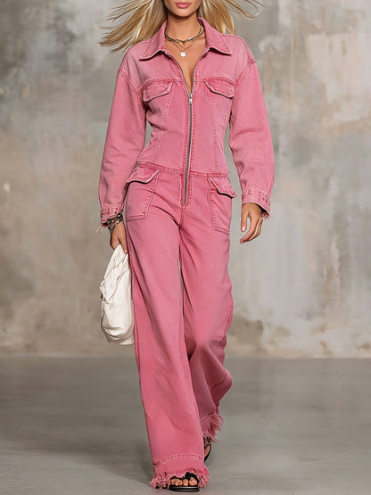 Casual Retro Pink Denim Long-Sleeved Frayed Jumpsuit