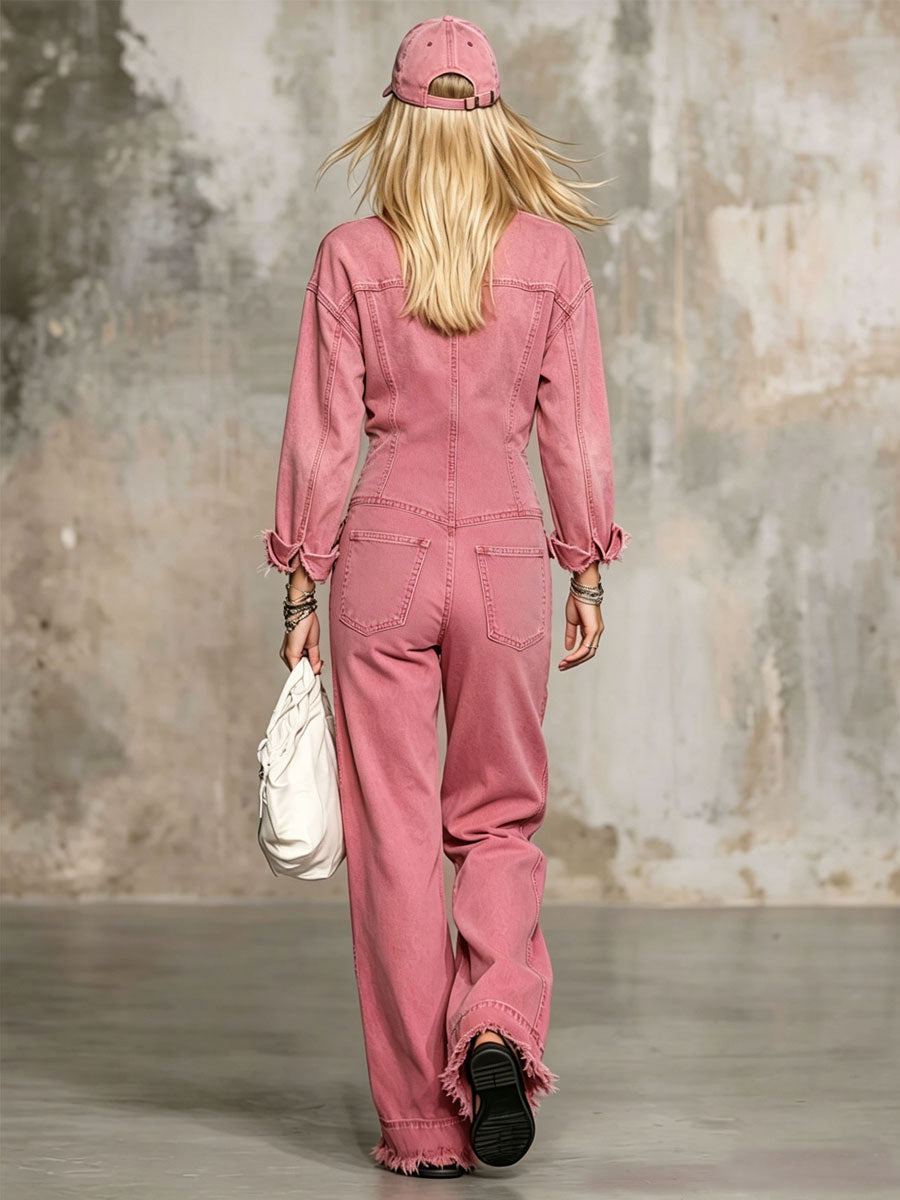 Casual Retro Pink Denim Long-Sleeved Frayed Jumpsuit