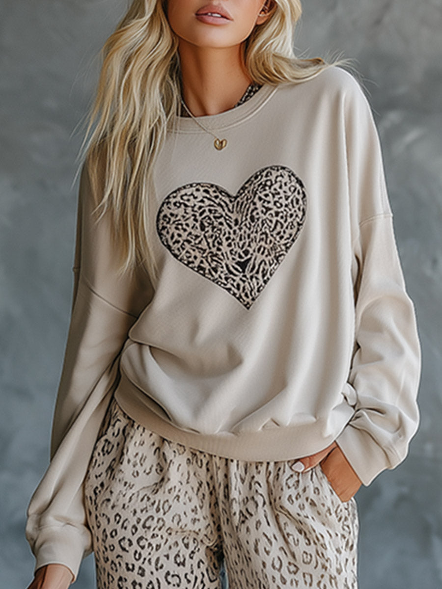 Casual-chic Oatmeal Heart-print Sweatshirt And Leopard-print Sweatpants Set