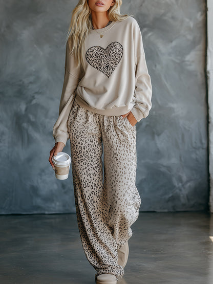 Casual-chic Oatmeal Heart-print Sweatshirt And Leopard-print Sweatpants Set