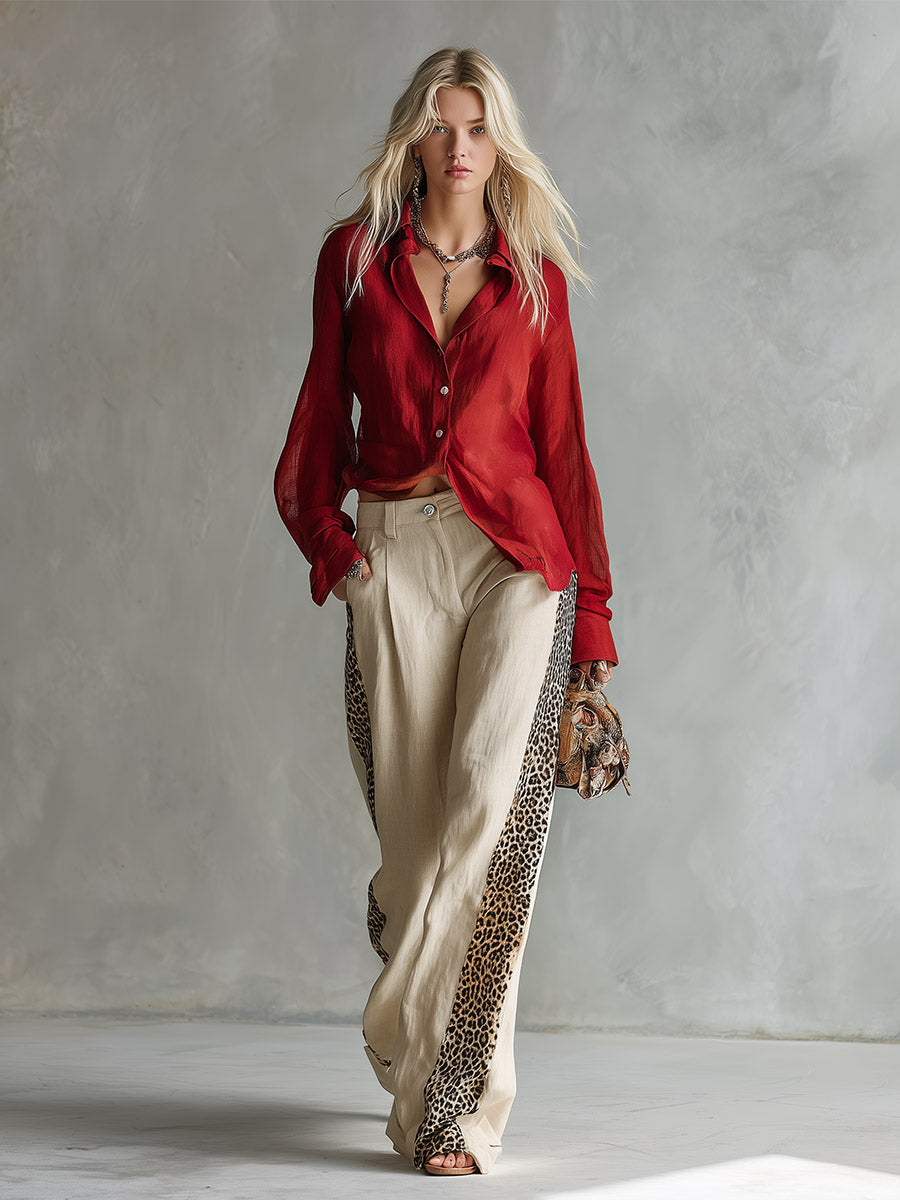 Charming Retro Red Shirt &amp; Oatmeal-colored Leopard-trim Wide-leg Cotton-linen Set