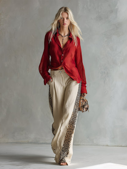 Charming Retro Red Shirt &amp; Oatmeal-colored Leopard-trim Wide-leg Cotton-linen Set