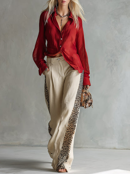 Charming Retro Red Shirt &amp; Oatmeal-colored Leopard-trim Wide-leg Cotton-linen Set
