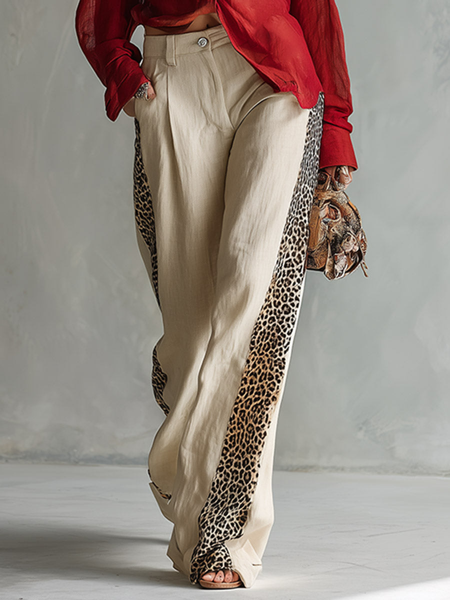 Charming Retro Red Shirt &amp; Oatmeal-colored Leopard-trim Wide-leg Cotton-linen Set