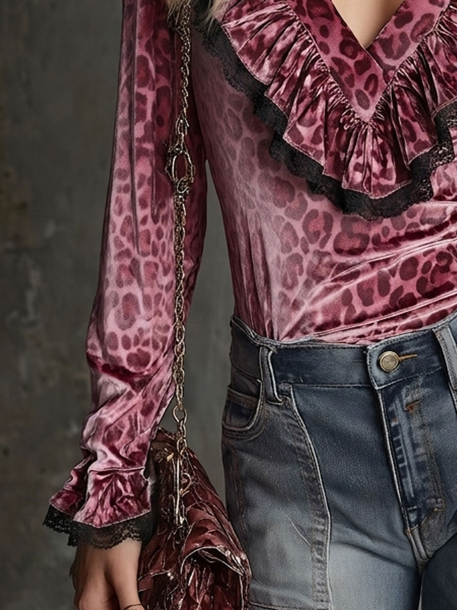Western Retro Lace-trimmed Fuchsia Leopard Print Ruffled V-neck Velvet Shirt