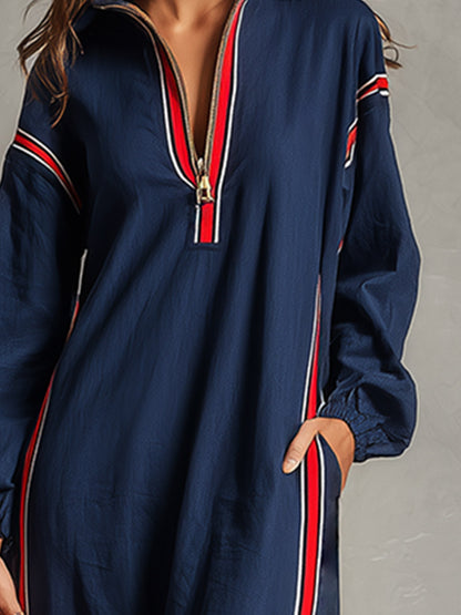 Retro Casual Red-trimmed Navy Cotton Maxi Dress