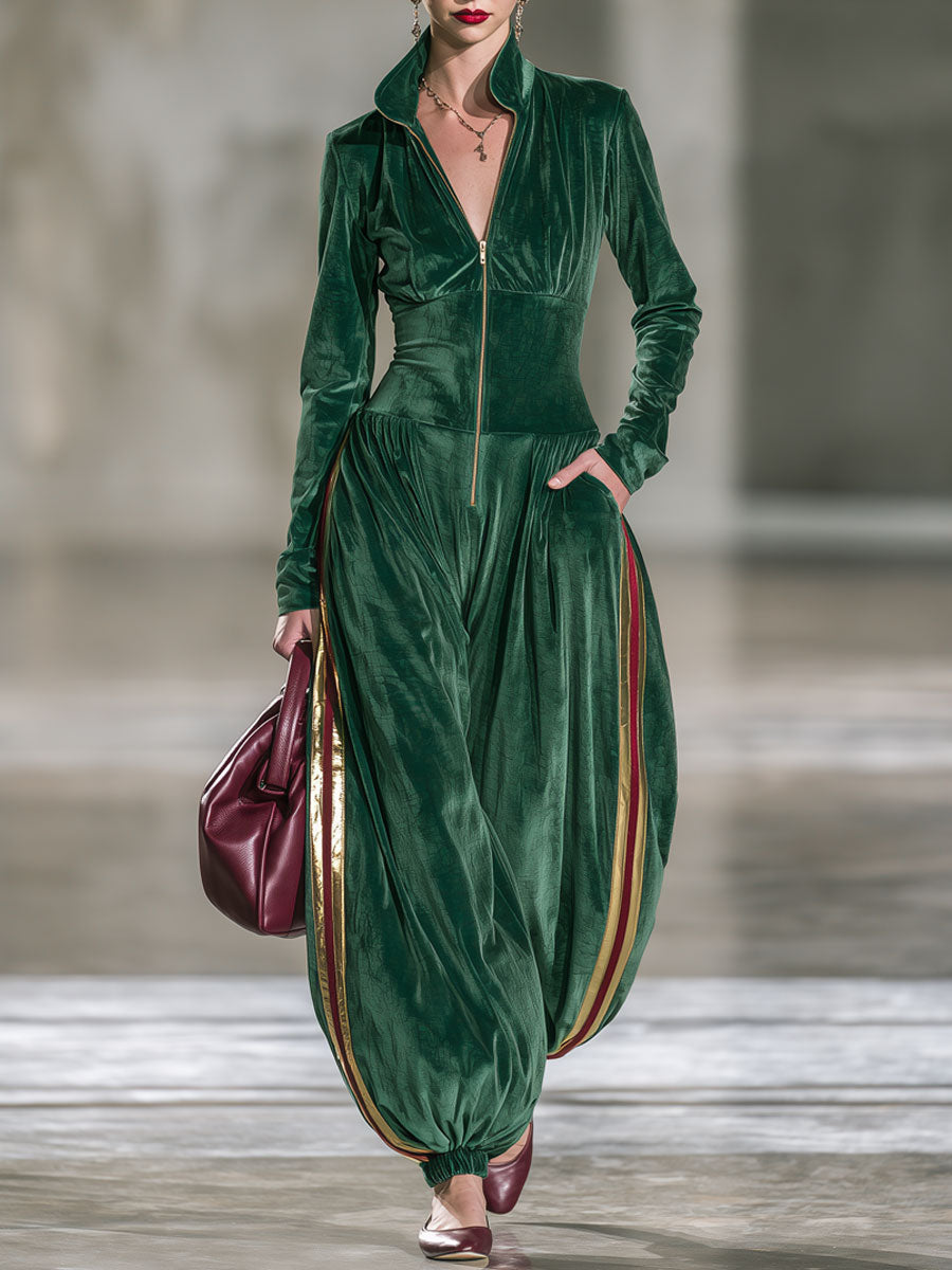 Casual Retro Color-blocked Ribbon Long-sleeved Green Velvet Balloon Jumpsuit