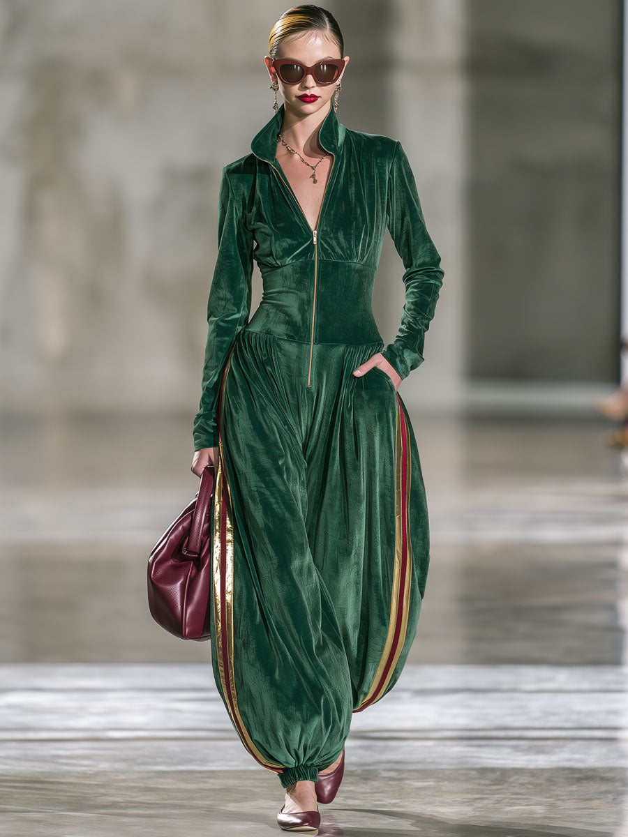 Casual Retro Color-blocked Ribbon Long-sleeved Green Velvet Balloon Jumpsuit