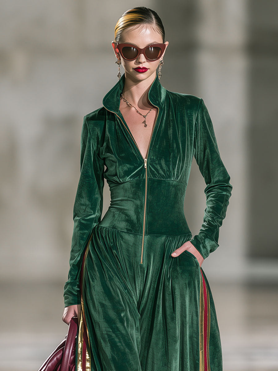 Casual Retro Color-blocked Ribbon Long-sleeved Green Velvet Balloon Jumpsuit