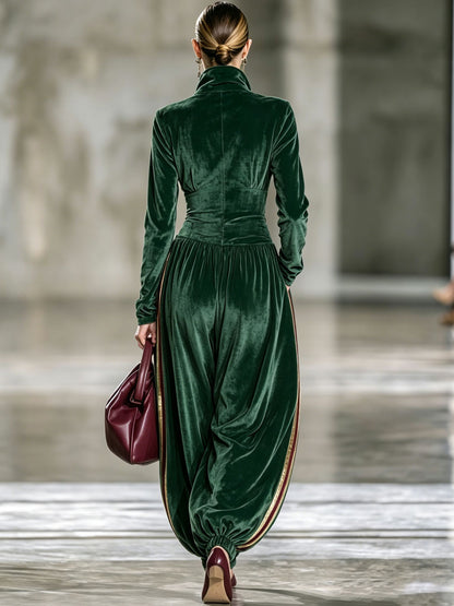 Casual Retro Color-blocked Ribbon Long-sleeved Green Velvet Balloon Jumpsuit