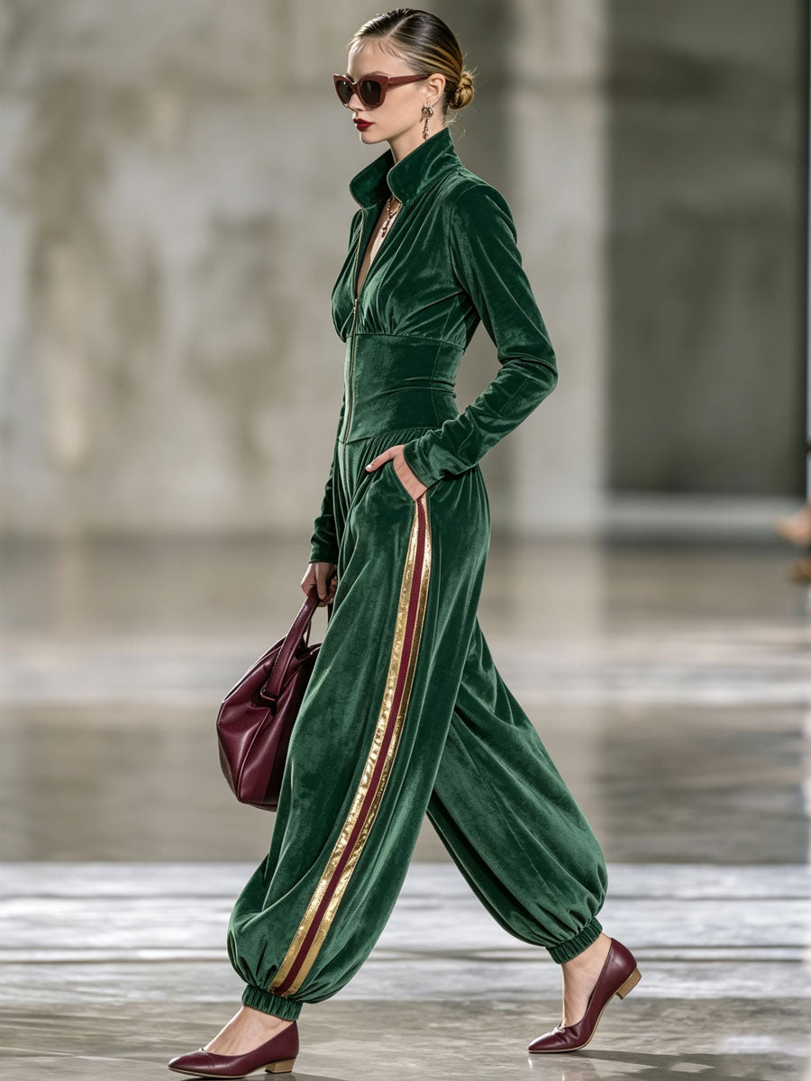 Casual Retro Color-blocked Ribbon Long-sleeved Green Velvet Balloon Jumpsuit