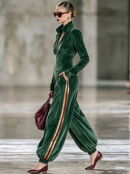 Casual Retro Color-blocked Ribbon Long-sleeved Green Velvet Balloon Jumpsuit