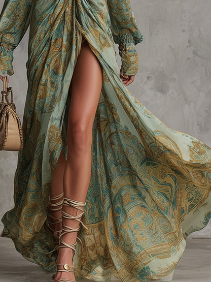 Charming Vintage-style V-neck Green Abstract Print Maxi Dress