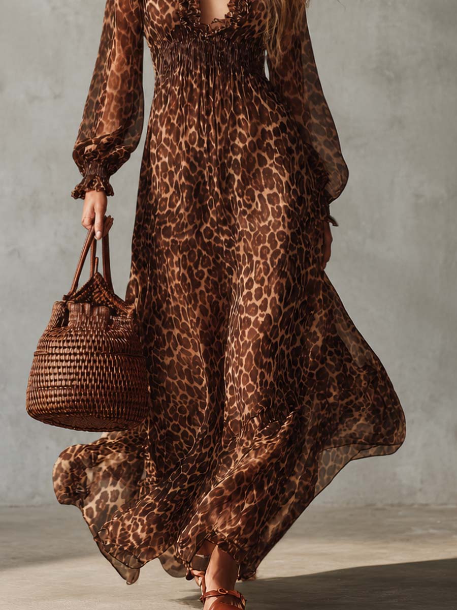Boho Leopard Print Chiffon Ruffle Deep-V Long-Sleeve Maxi Dress