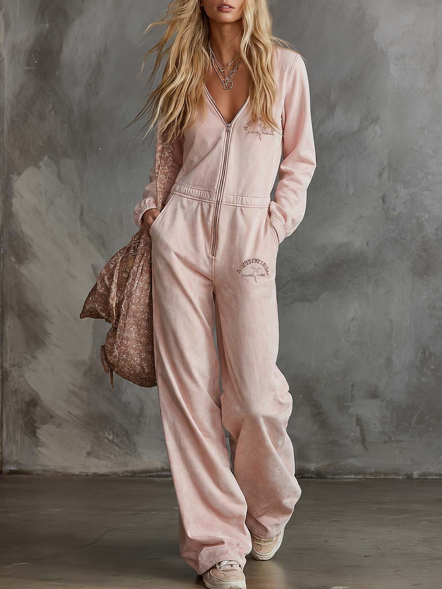 Elegant Retro Sporty V-neck Front Zipper Long-sleeve Light Pink Cotton Jumpsuit