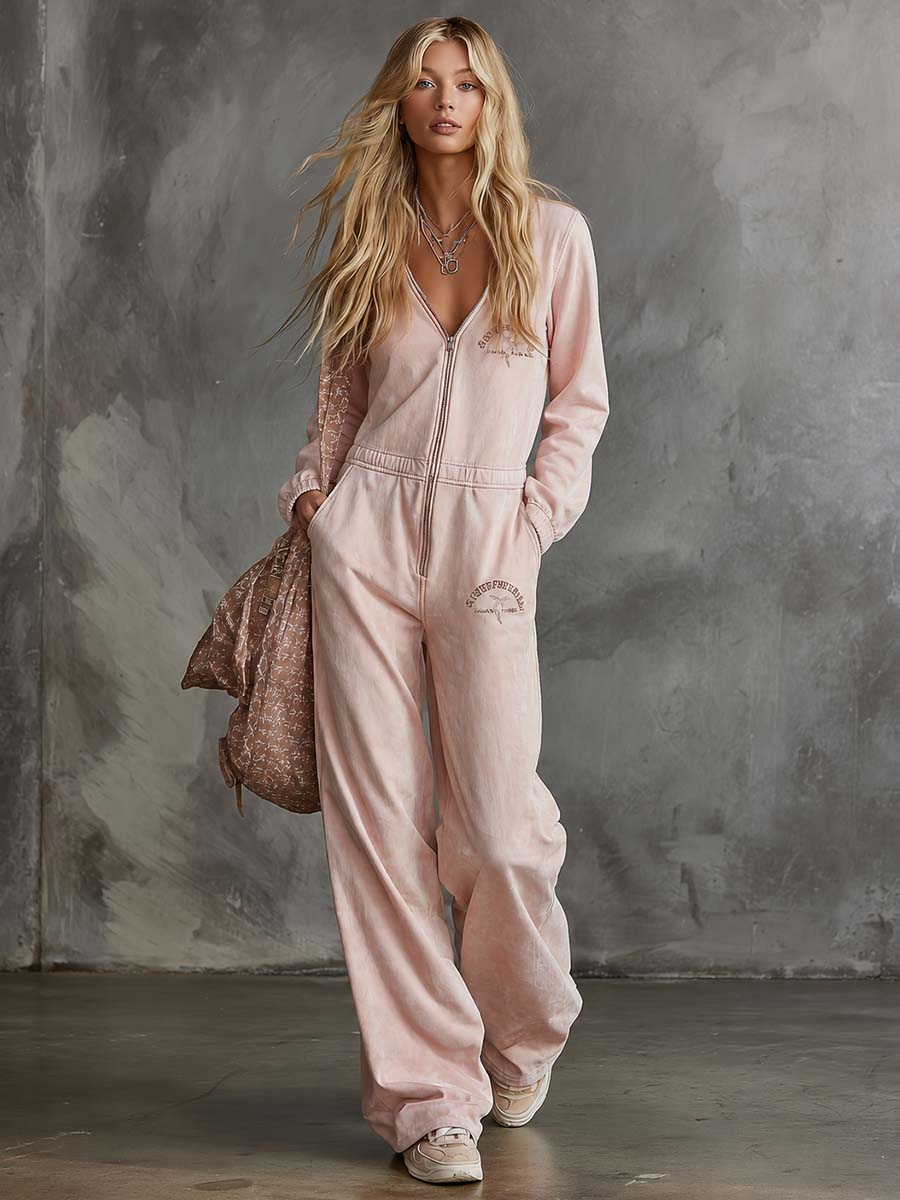 Elegant Retro Sporty V-neck Front Zipper Long-sleeve Light Pink Cotton Jumpsuit