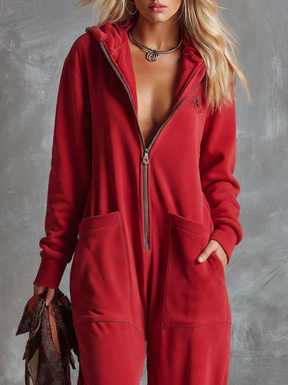 Retro Lazy Sporty Hooded V-neck Long-sleeved Front Zipper Raspberry Red Cotton Jumpsuit