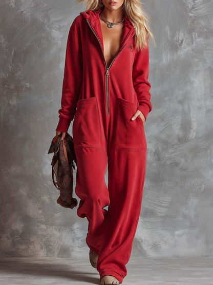 Retro Lazy Sporty Hooded V-neck Long-sleeved Front Zipper Raspberry Red Cotton Jumpsuit