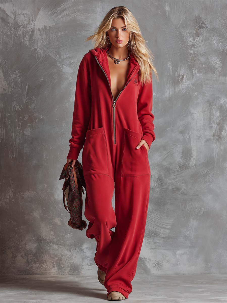 Retro Lazy Sporty Hooded V-neck Long-sleeved Front Zipper Raspberry Red Cotton Jumpsuit