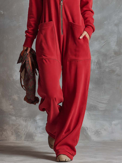 Retro Lazy Sporty Hooded V-neck Long-sleeved Front Zipper Raspberry Red Cotton Jumpsuit