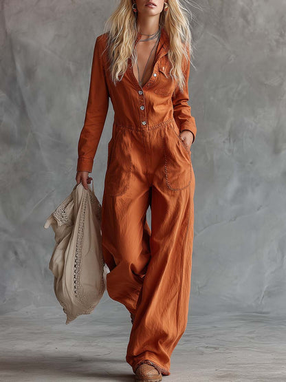 Casual Fashion Western V-neck Front-button Long-sleeved Rust-orange Cotton Jumpsuit
