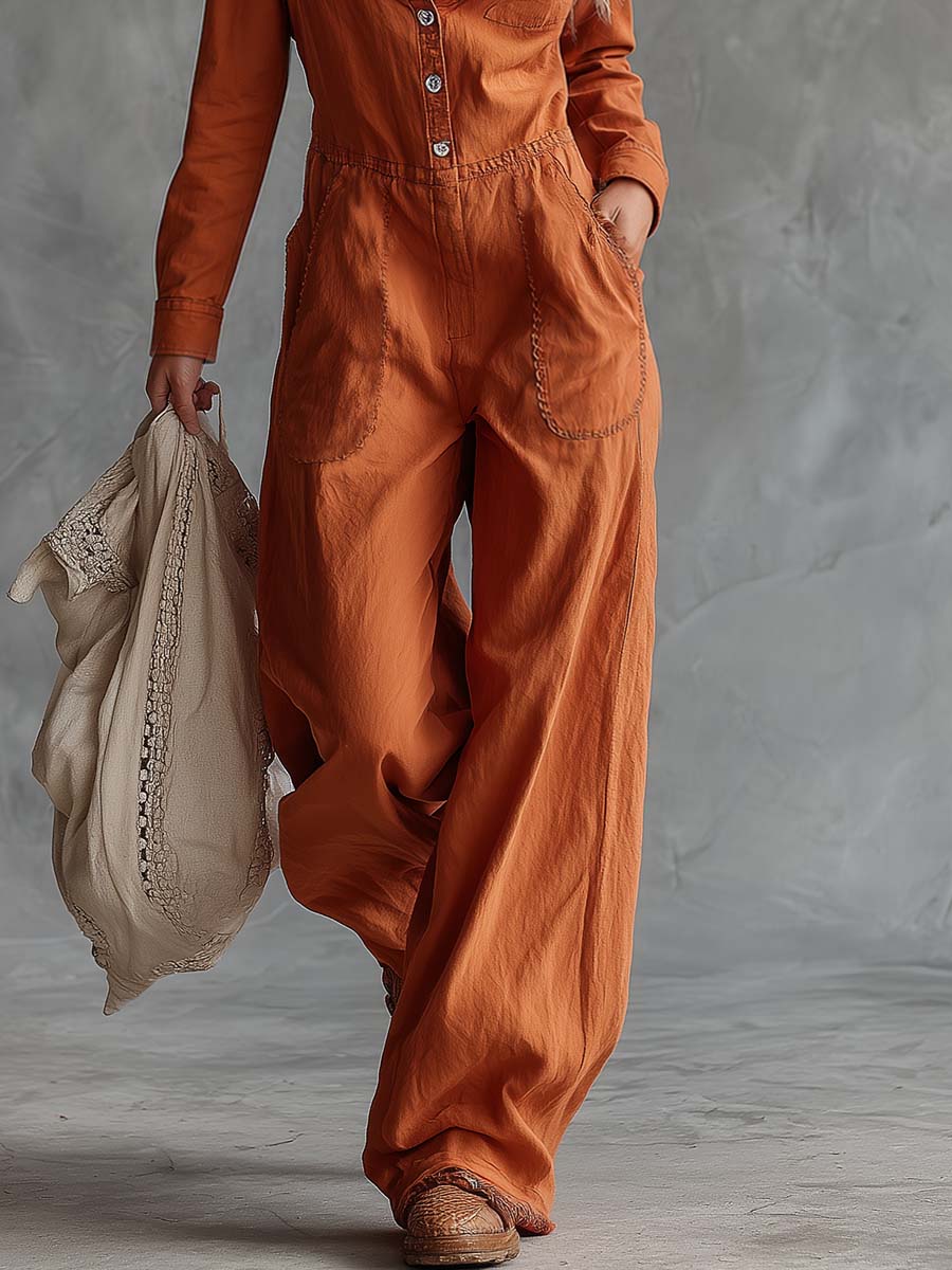 Casual Fashion Western V-neck Front-button Long-sleeved Rust-orange Cotton Jumpsuit