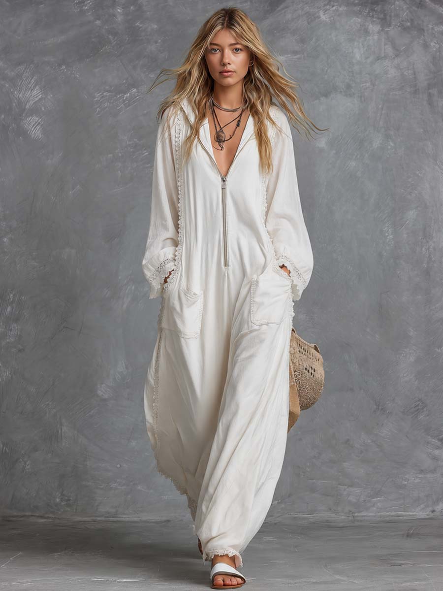 Retro Bohemian Hooded V-neck Front Zip Lace Trim Long-sleeved White Cotton Jumpsuit