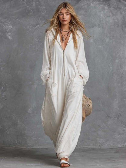 Retro Bohemian Hooded V-neck Front Zip Lace Trim Long-sleeved White Cotton Jumpsuit