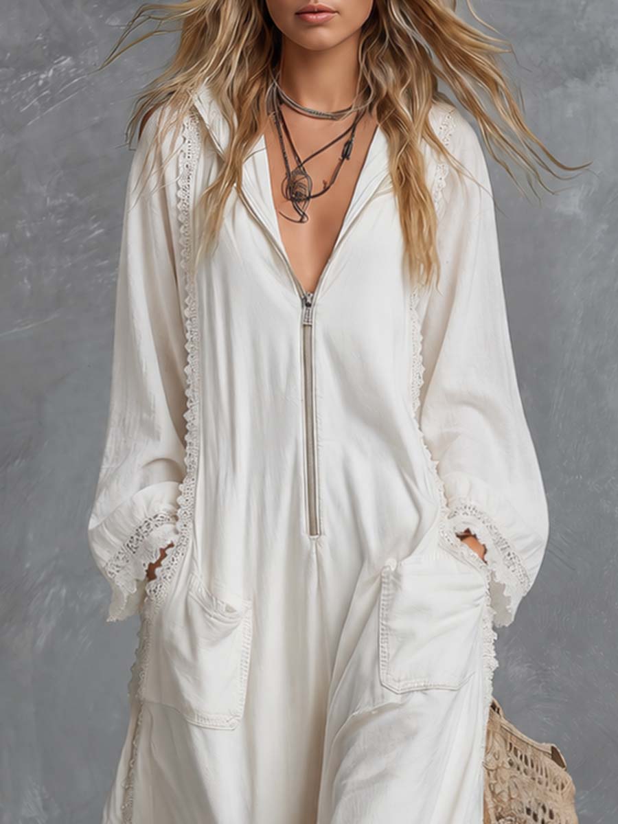 Retro Bohemian Hooded V-neck Front Zip Lace Trim Long-sleeved White Cotton Jumpsuit