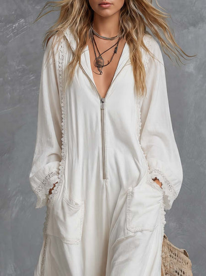Retro Bohemian Hooded V-neck Front Zip Lace Trim Long-sleeved White Cotton Jumpsuit