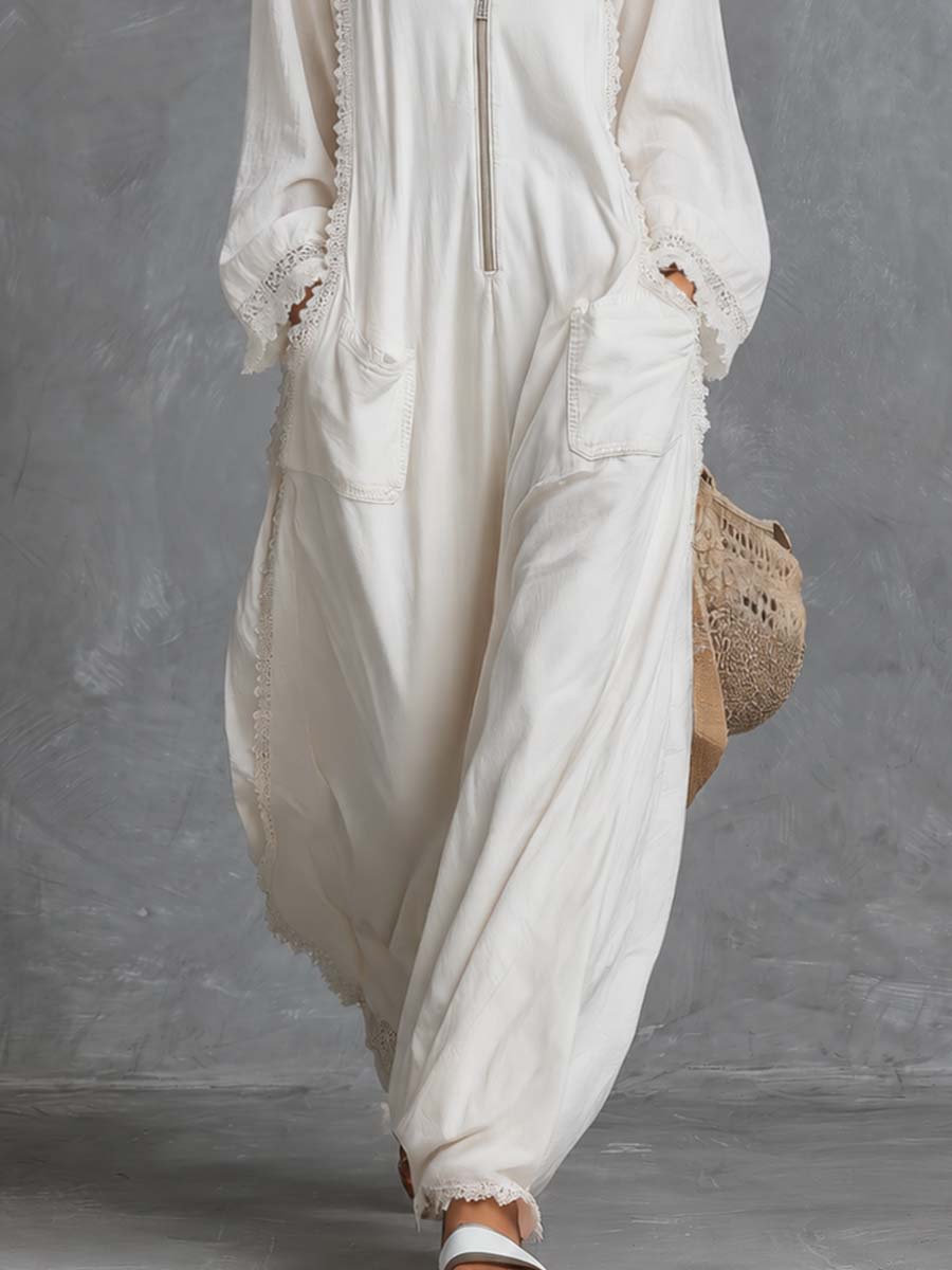 Retro Bohemian Hooded V-neck Front Zip Lace Trim Long-sleeved White Cotton Jumpsuit