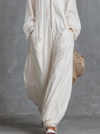 Retro Bohemian Hooded V-neck Front Zip Lace Trim Long-sleeved White Cotton Jumpsuit